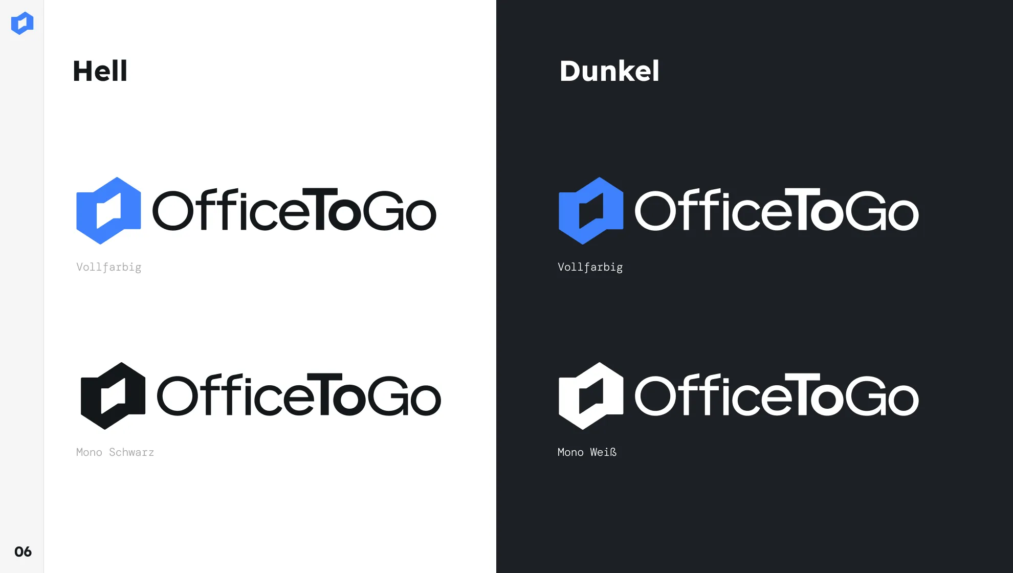 OfficeToGo logo in light, dark and monochrome applications