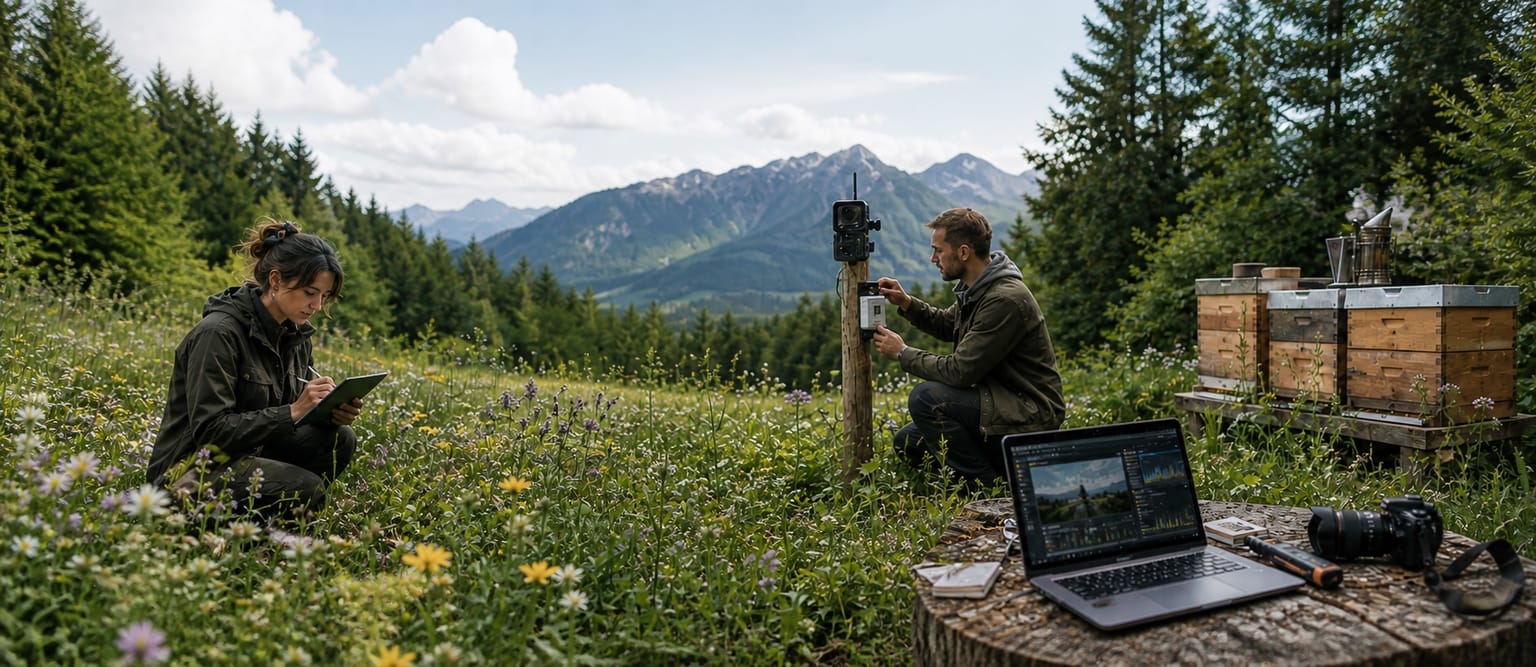 Romi documents plants while Matthias checks a field sensor beside the apiary.