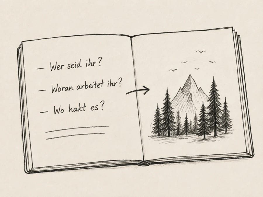 A hand records project thoughts in a notebook.