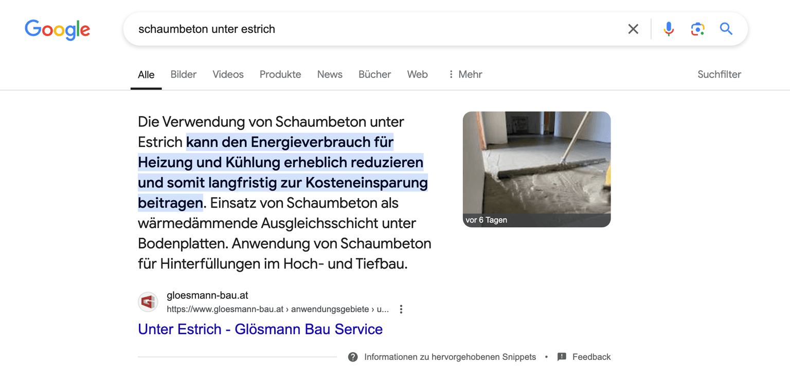 Google search entry of one of the main services “Schaumbeton Unter Estrich”, Glösmann Bau Service comes first with rich snippet